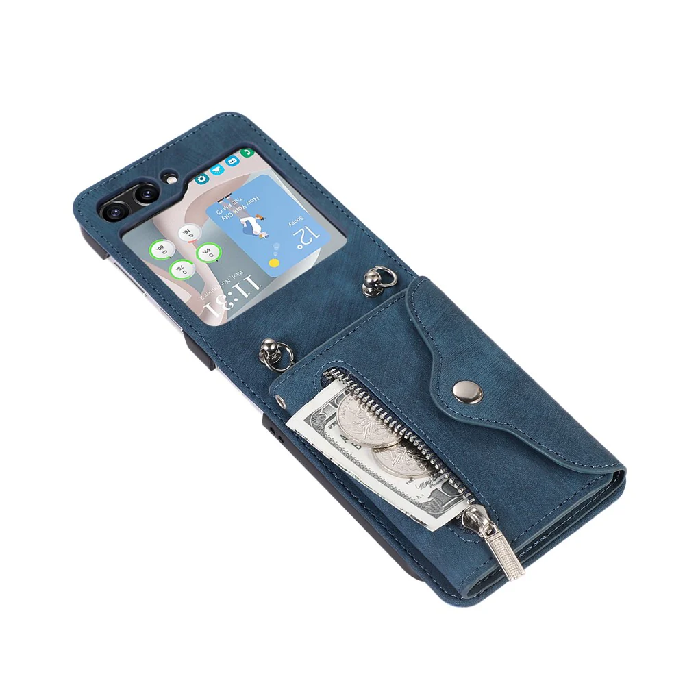 For Samsung Galaxy Z Flip7 FE 5G / Z Flip6 5G Case PU Leather + TPU RFID Blocking Card Slots Phone Cover with 2 Straps - Blue - Image 4
