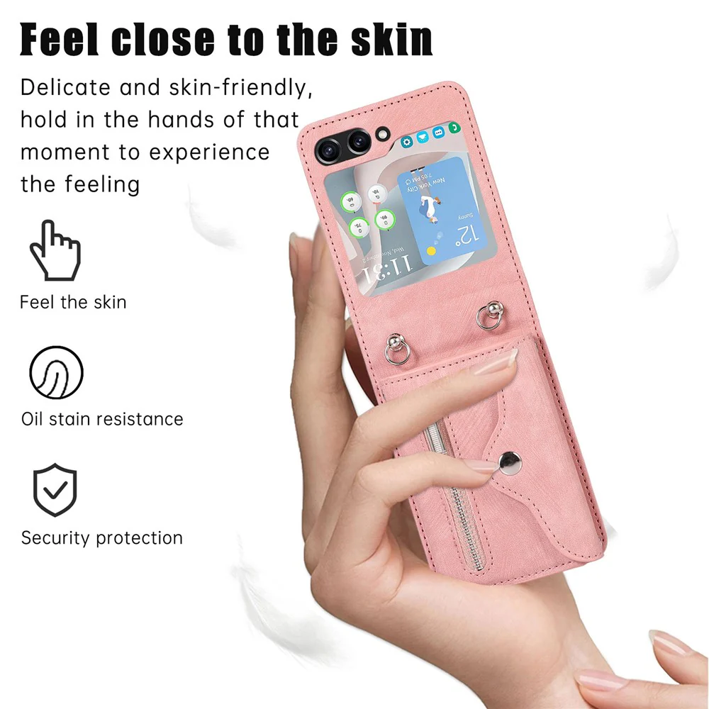 For Samsung Galaxy Z Flip7 FE 5G / Z Flip6 5G Case PU Leather + TPU RFID Blocking Card Slots Phone Cover with 2 Straps - Rose Gold - Image 8