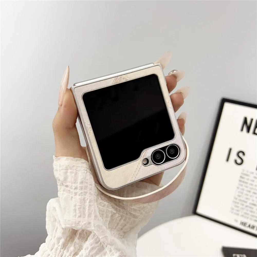 For Samsung Galaxy Z Flip7 FE 5G / Z Flip6 5G Case Retro Rhombus PU + PC Phone Cover with Love Pendant and Strap - Dark Brown - Image 4