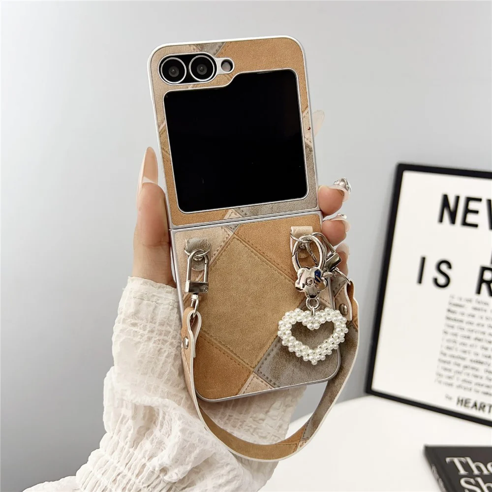 For Samsung Galaxy Z Flip7 FE 5G / Z Flip6 5G Case Retro Rhombus PU + PC Phone Cover with Love Pendant and Strap - Khaki - Image 2