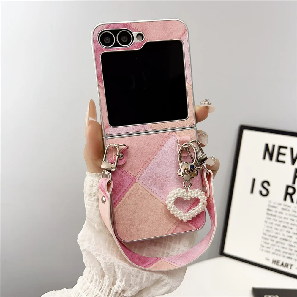 For Samsung Galaxy Z Flip7 FE 5G / Z Flip6 5G Case Retro Rhombus PU + PC Phone Cover with Love Pendant and Strap - Pink - Image 2