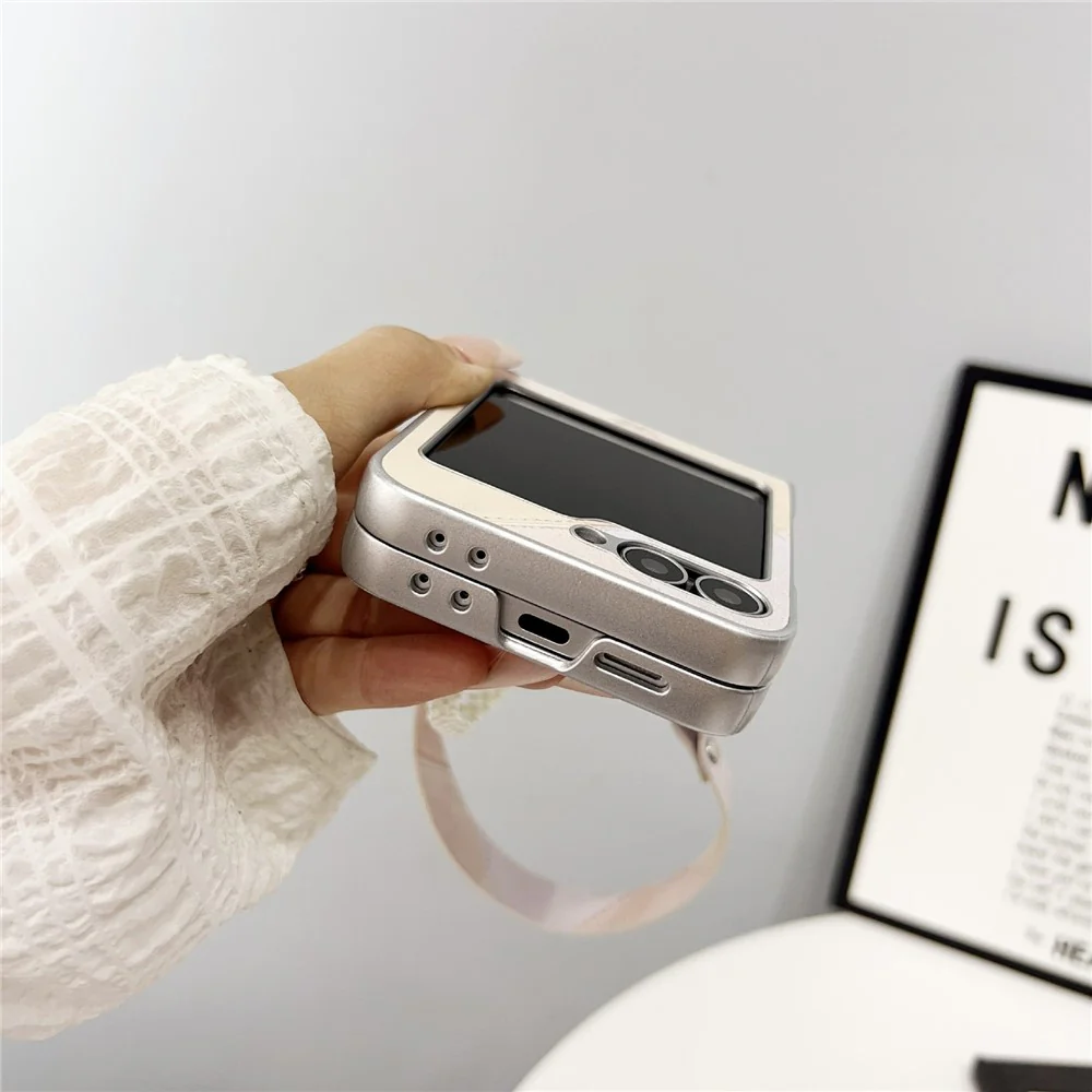 For Samsung Galaxy Z Flip7 FE 5G / Z Flip6 5G Case Retro Rhombus PU + PC Phone Cover with Love Pendant and Strap - Pink - Image 5
