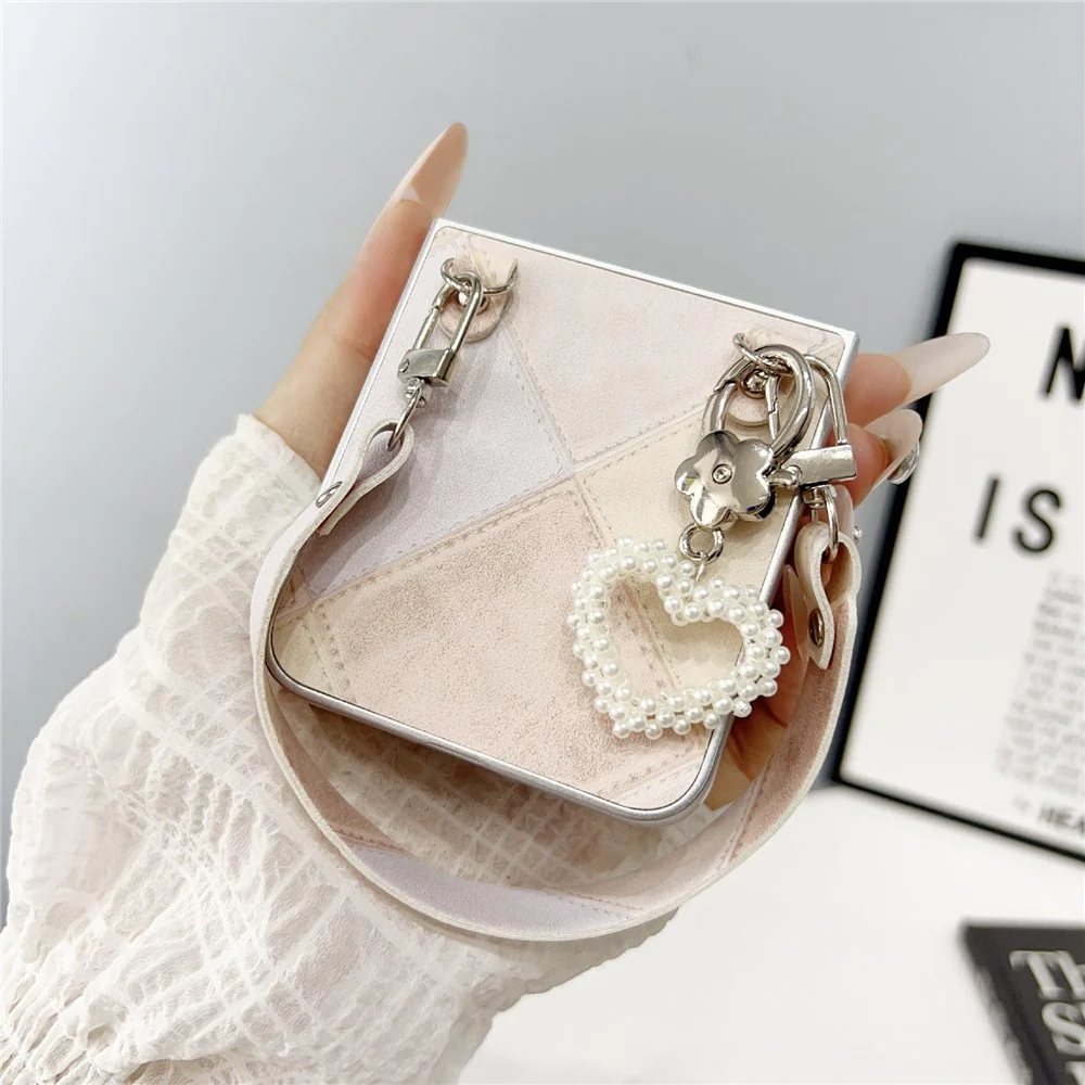 For Samsung Galaxy Z Flip7 FE 5G / Z Flip6 5G Case Retro Rhombus PU + PC Phone Cover with Love Pendant and Strap - Pink - Image 7