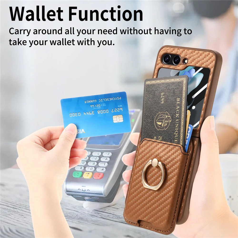 For Samsung Galaxy Z Flip7 FE 5G / Z Flip6 5G Case Ring Kickstand Card Slot Phone Cover with Rear Screen Film - Brown - Image 5