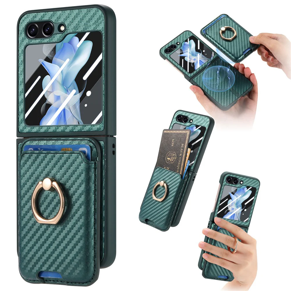For Samsung Galaxy Z Flip7 FE 5G / Z Flip6 5G Case Ring Kickstand Card Slot Phone Cover with Rear Screen Film - Green
