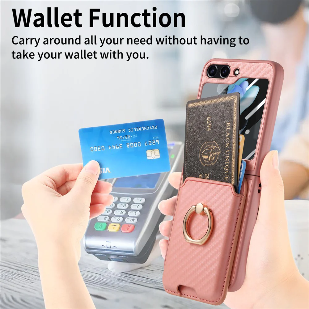 For Samsung Galaxy Z Flip7 FE 5G / Z Flip6 5G Case Ring Kickstand Card Slot Phone Cover with Rear Screen Film - Pink - Image 5