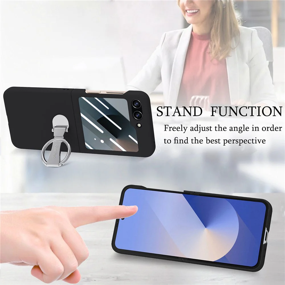 For Samsung Galaxy Z Flip7 FE 5G / Z Flip6 5G Case Ring Kickstand PC Phone Cover with Tempered Glass Rear Screen Film - Black - Image 8