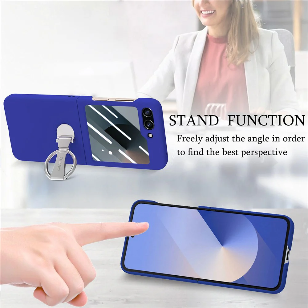 For Samsung Galaxy Z Flip7 FE 5G / Z Flip6 5G Case Ring Kickstand PC Phone Cover with Tempered Glass Rear Screen Film -  Dark Blue - Image 8
