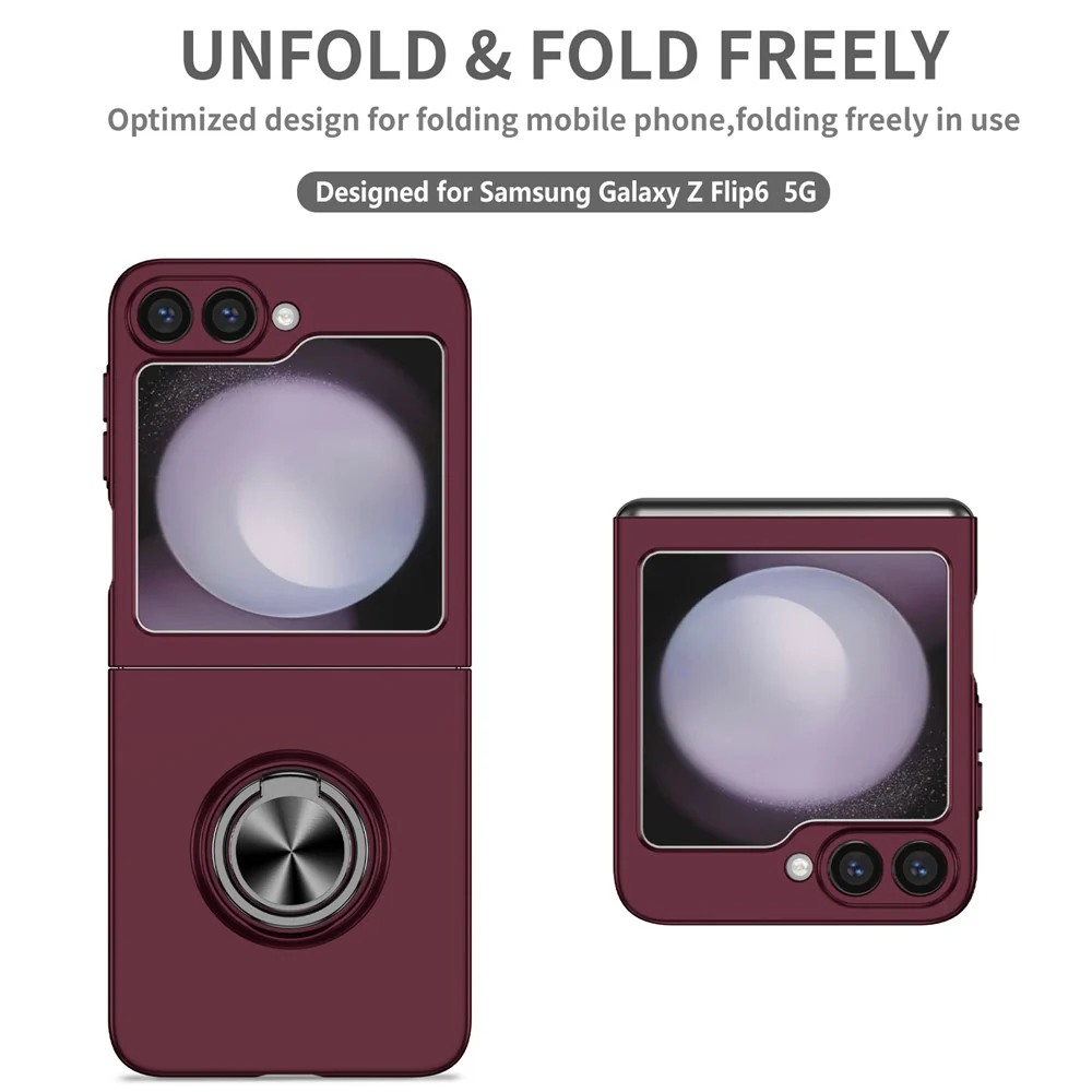 For Samsung Galaxy Z Flip7 FE 5G / Z Flip6 5G Case Rotatable Ring Kickstand Hard PC Phone Cover - Wine Red - Image 6
