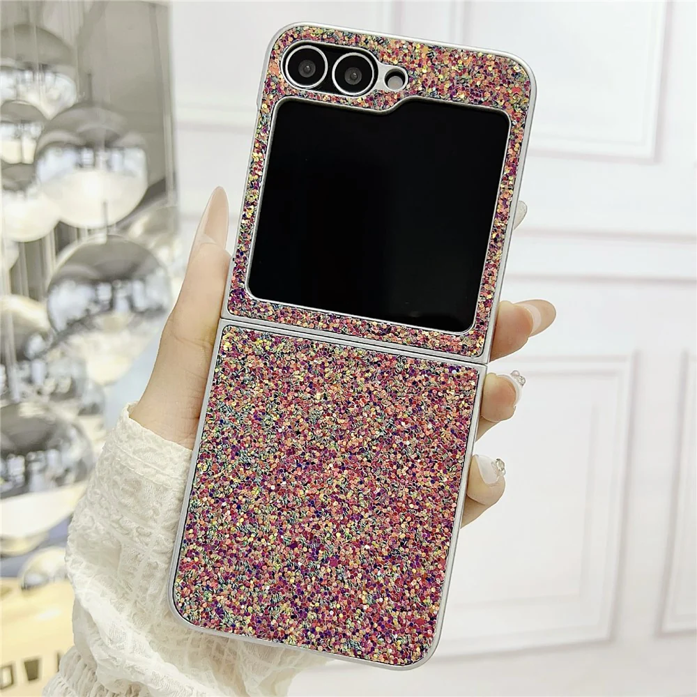 For Samsung Galaxy Z Flip7 FE 5G / Z Flip6 5G Case Rubberized Silver Edge Phantom Glitter Hard PC Phone Cover - Pink - Image 2