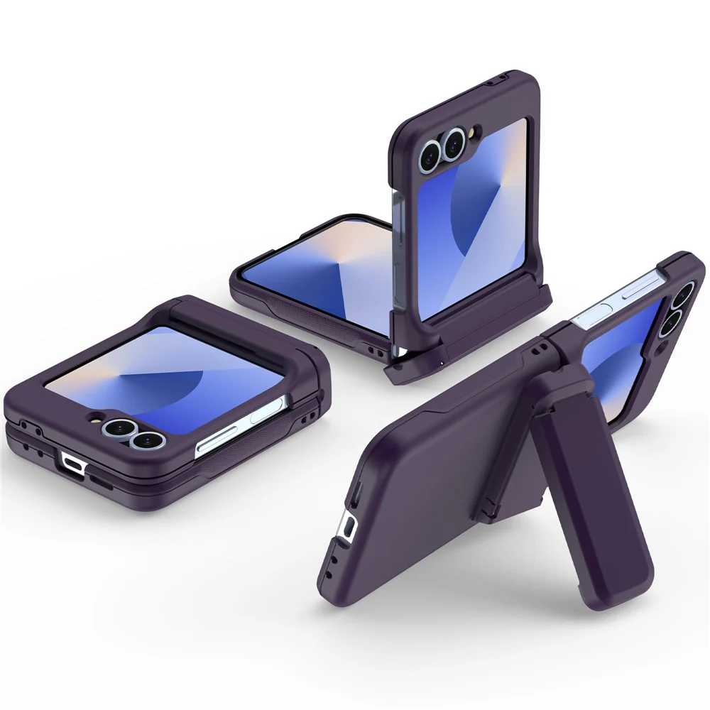 For Samsung Galaxy Z Flip7 FE 5G / Z Flip6 5G Case Spring Hinge Kickstand PC Folding Phone Cover with Card Slot - Dark Purple - Image 2