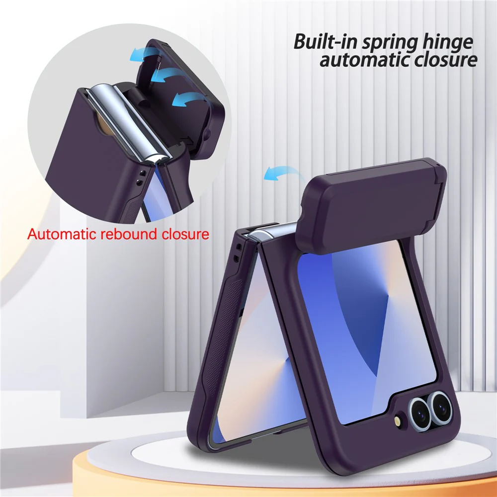 For Samsung Galaxy Z Flip7 FE 5G / Z Flip6 5G Case Spring Hinge Kickstand PC Folding Phone Cover with Card Slot - Dark Purple - Image 5
