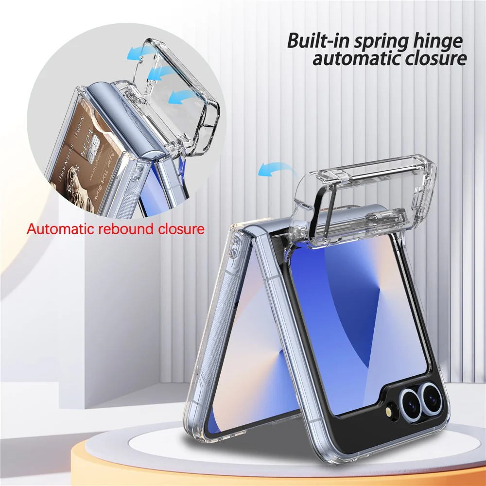 For Samsung Galaxy Z Flip7 FE 5G / Z Flip6 5G Case Spring Hinge Kickstand PC Folding Phone Cover with Card Slot - Transparent - Image 5