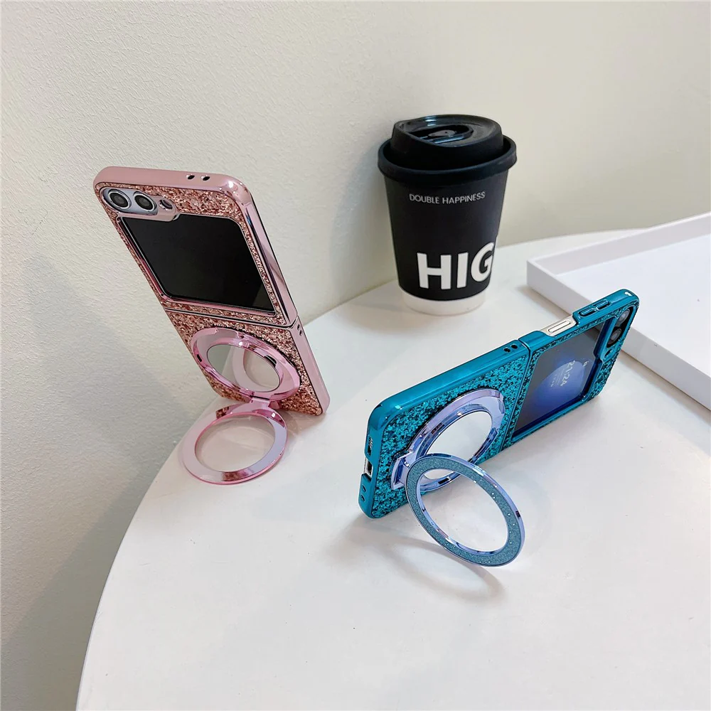 For Samsung Galaxy Z Flip7 FE 5G / Z Flip6 5G Case TPU+PC Kickstand Phone Cover with Mirror - Blue - Image 3