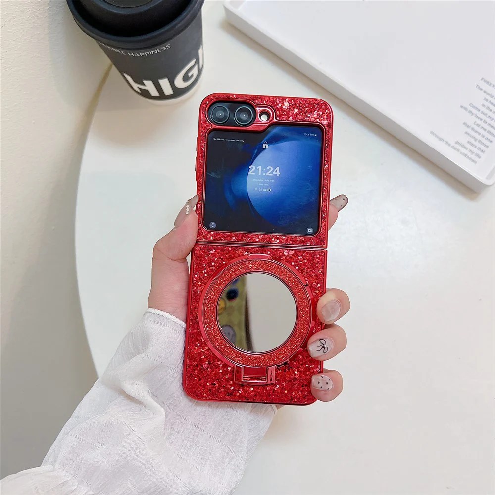 For Samsung Galaxy Z Flip7 FE 5G / Z Flip6 5G Case TPU+PC Kickstand Phone Cover with Mirror - Red - Image 2