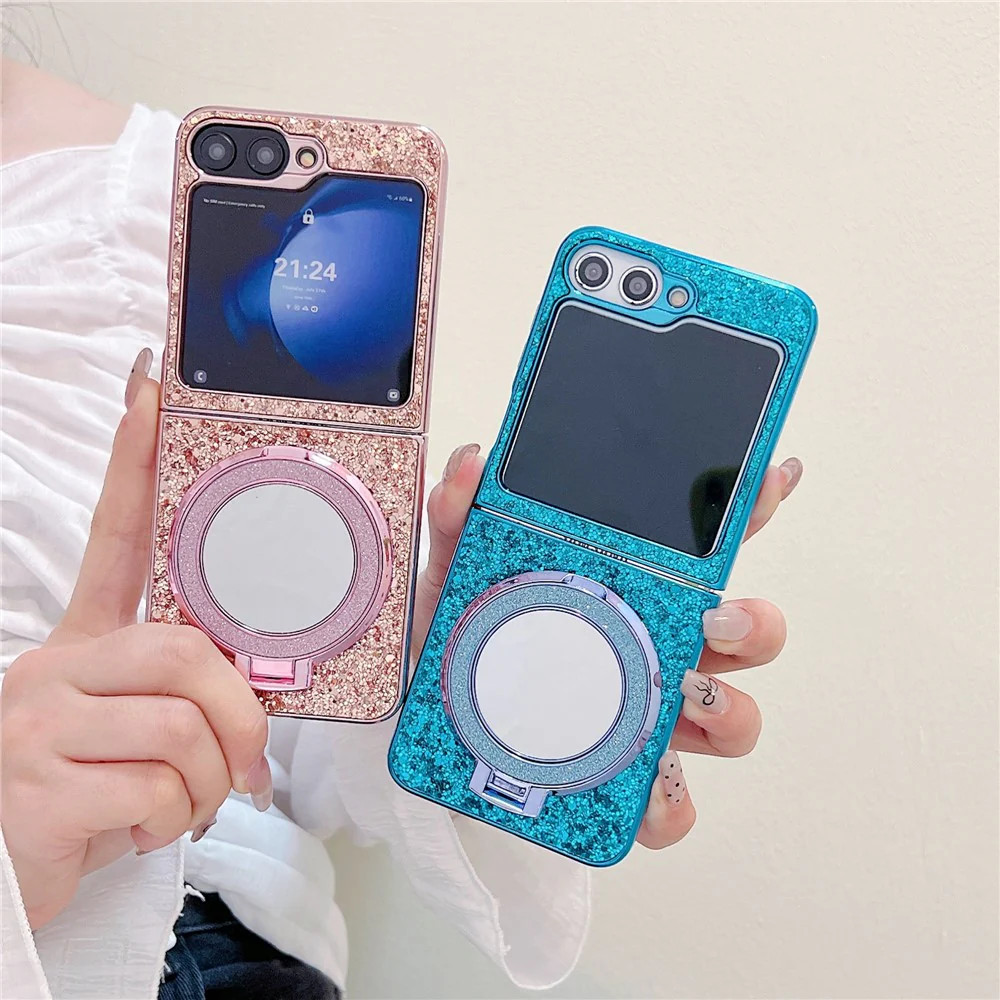 For Samsung Galaxy Z Flip7 FE 5G / Z Flip6 5G Case TPU+PC Kickstand Phone Cover with Mirror - Rose Gold - Image 8
