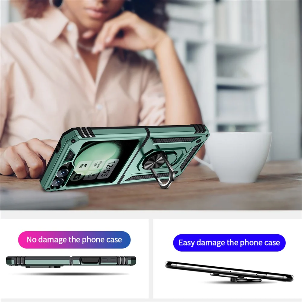 For Samsung Galaxy Z Flip7 FE 5G / Z Flip6 5G Case TPU+PC Phone Cover with Ring Kickstand Drop Protection - Blackish Green - Image 2