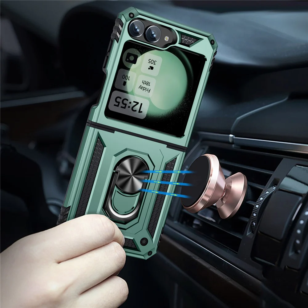 For Samsung Galaxy Z Flip7 FE 5G / Z Flip6 5G Case TPU+PC Phone Cover with Ring Kickstand Drop Protection - Blackish Green - Image 3