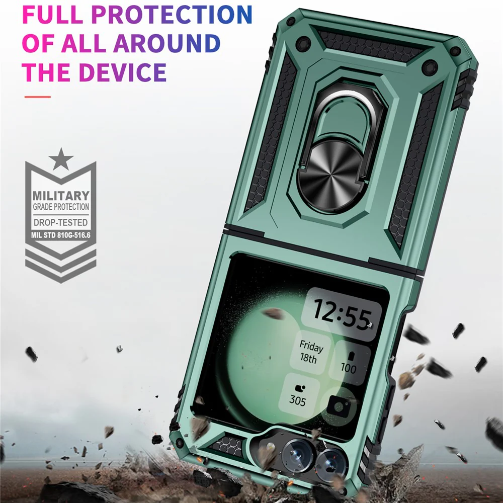 For Samsung Galaxy Z Flip7 FE 5G / Z Flip6 5G Case TPU+PC Phone Cover with Ring Kickstand Drop Protection - Blackish Green - Image 5