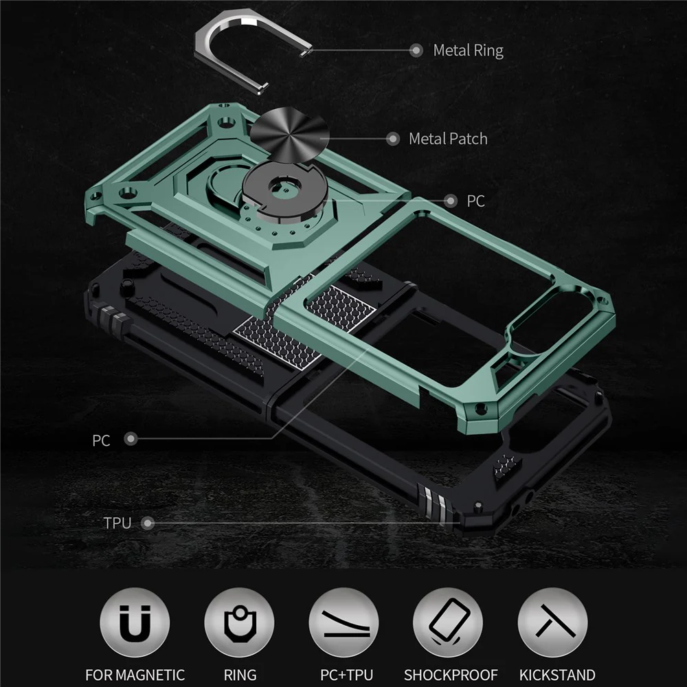 For Samsung Galaxy Z Flip7 FE 5G / Z Flip6 5G Case TPU+PC Phone Cover with Ring Kickstand Drop Protection - Blackish Green - Image 6