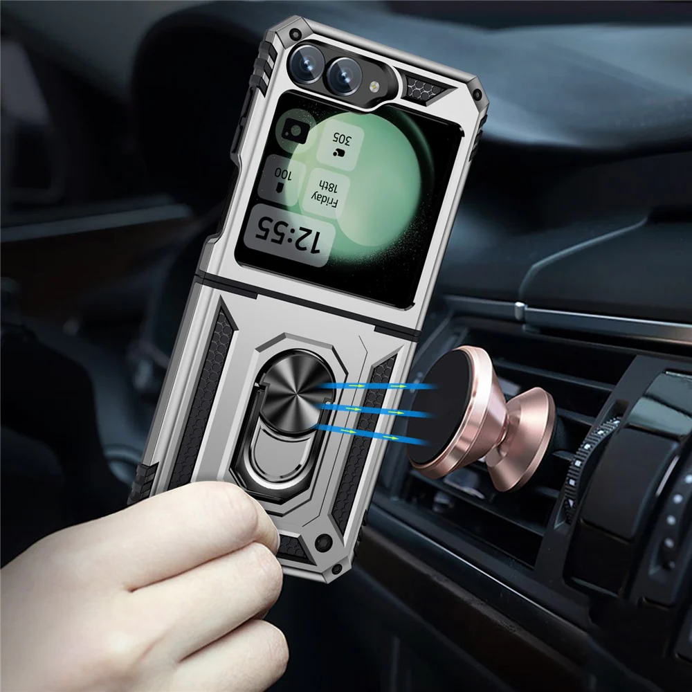 For Samsung Galaxy Z Flip7 FE 5G / Z Flip6 5G Case TPU+PC Phone Cover with Ring Kickstand Drop Protection - Silver - Image 3