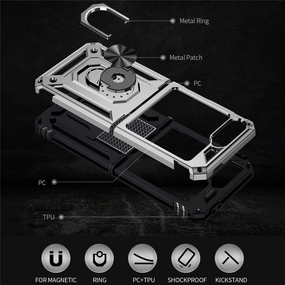 For Samsung Galaxy Z Flip7 FE 5G / Z Flip6 5G Case TPU+PC Phone Cover with Ring Kickstand Drop Protection - Silver - Image 6
