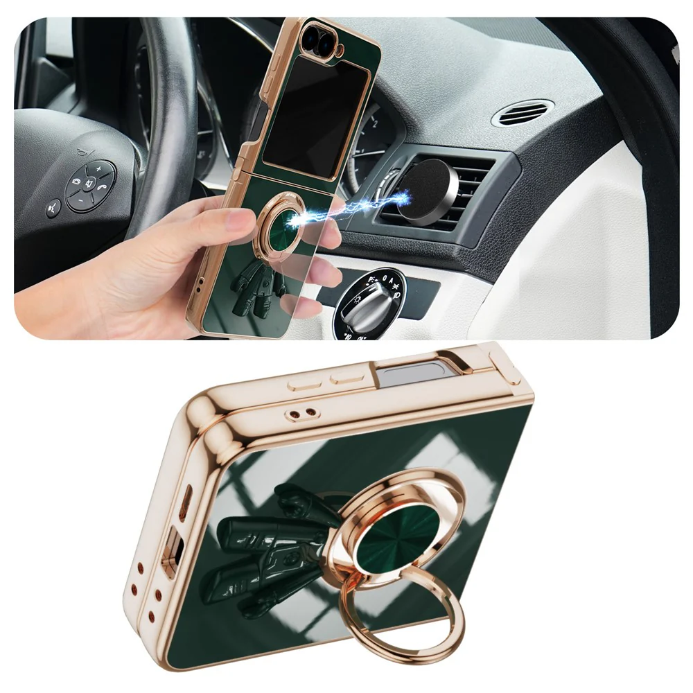 For Samsung Galaxy Z Flip7 FE 5G / Z Flip6 5G Case with Astronaut Ring Kickstand 6D Electroplating TPU Phone Cover - Midnight Green - Image 2