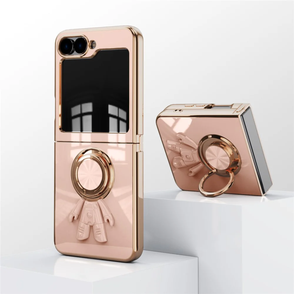 For Samsung Galaxy Z Flip7 FE 5G / Z Flip6 5G Case with Astronaut Ring Kickstand 6D Electroplating TPU Phone Cover - Pink - Image 3