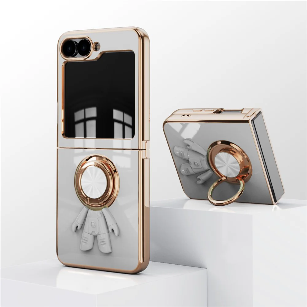 For Samsung Galaxy Z Flip7 FE 5G / Z Flip6 5G Case with Astronaut Ring Kickstand 6D Electroplating TPU Phone Cover - White - Image 3