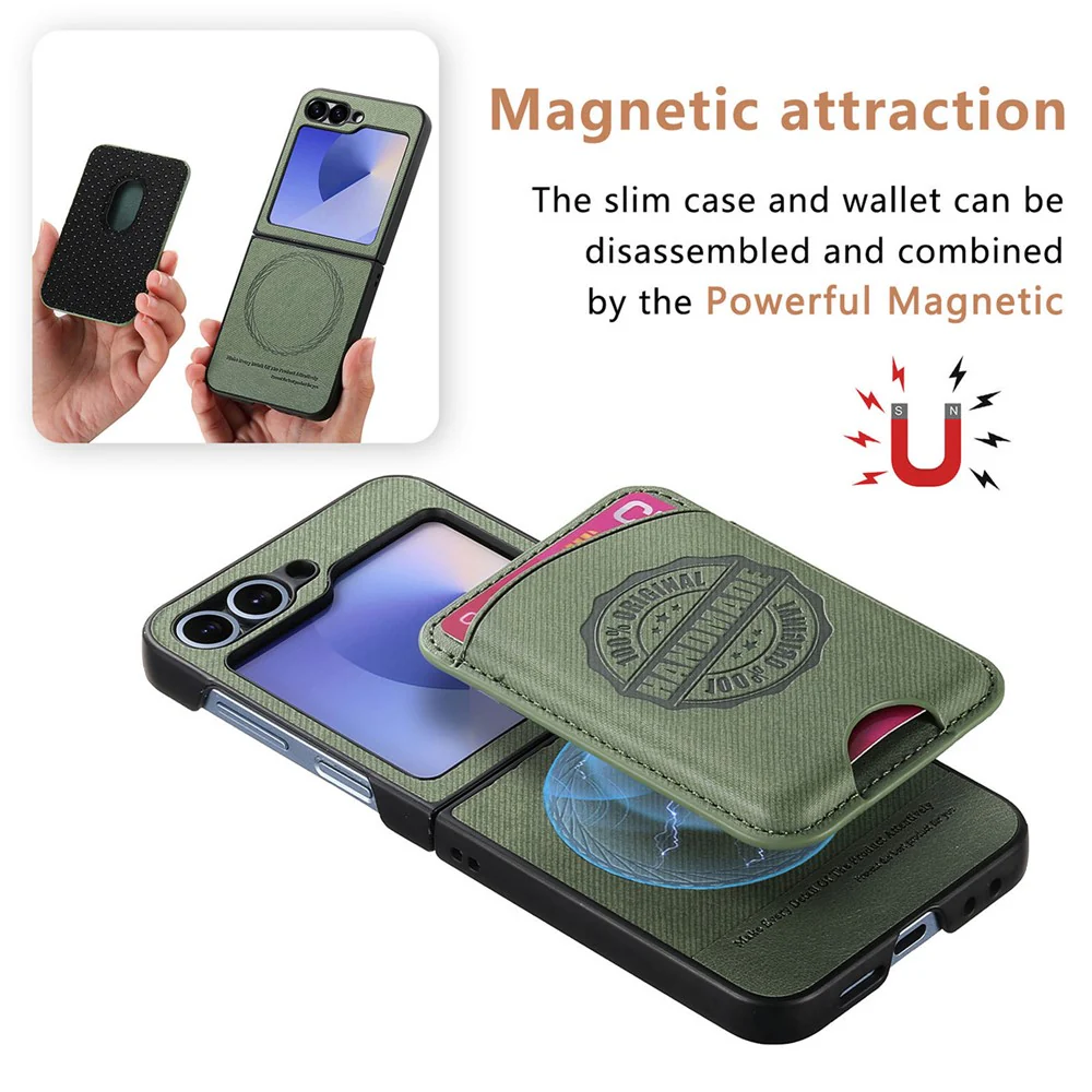 For Samsung Galaxy Z Flip7 FE 5G / Z Flip6 5G Case with Card Bag Compatible with MagSafe Denim Texture Leather Back Cover - Green - Image 6