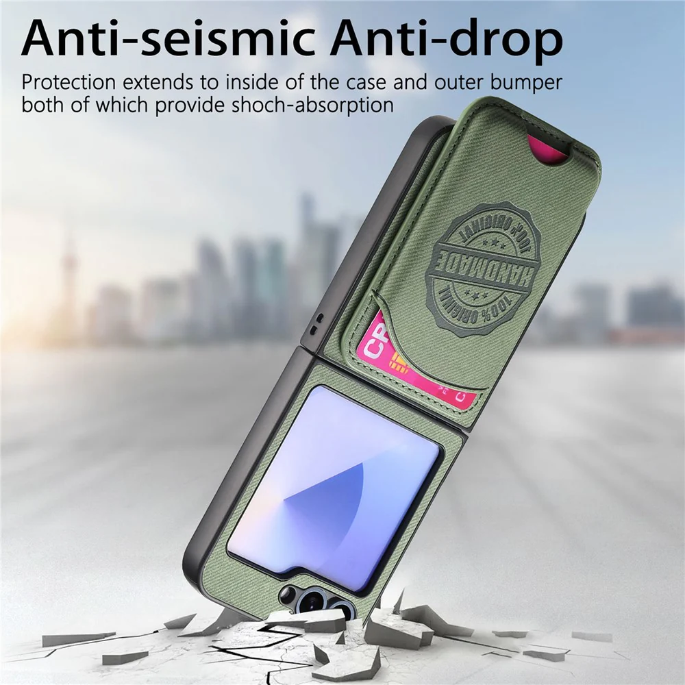 For Samsung Galaxy Z Flip7 FE 5G / Z Flip6 5G Case with Card Bag Compatible with MagSafe Denim Texture Leather Back Cover - Green - Image 7