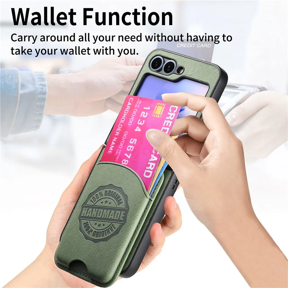 For Samsung Galaxy Z Flip7 FE 5G / Z Flip6 5G Case with Card Bag Compatible with MagSafe Denim Texture Leather Back Cover - Green - Image 8