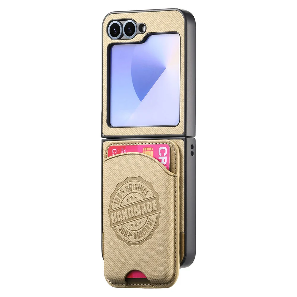 For Samsung Galaxy Z Flip7 FE 5G / Z Flip6 5G Case with Card Bag Compatible with MagSafe Denim Texture Leather Back Cover - Khaki - Image 4