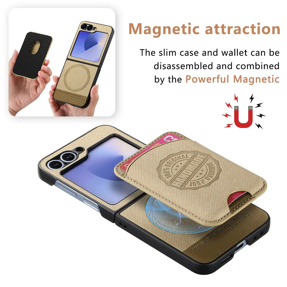 For Samsung Galaxy Z Flip7 FE 5G / Z Flip6 5G Case with Card Bag Compatible with MagSafe Denim Texture Leather Back Cover - Khaki - Image 6