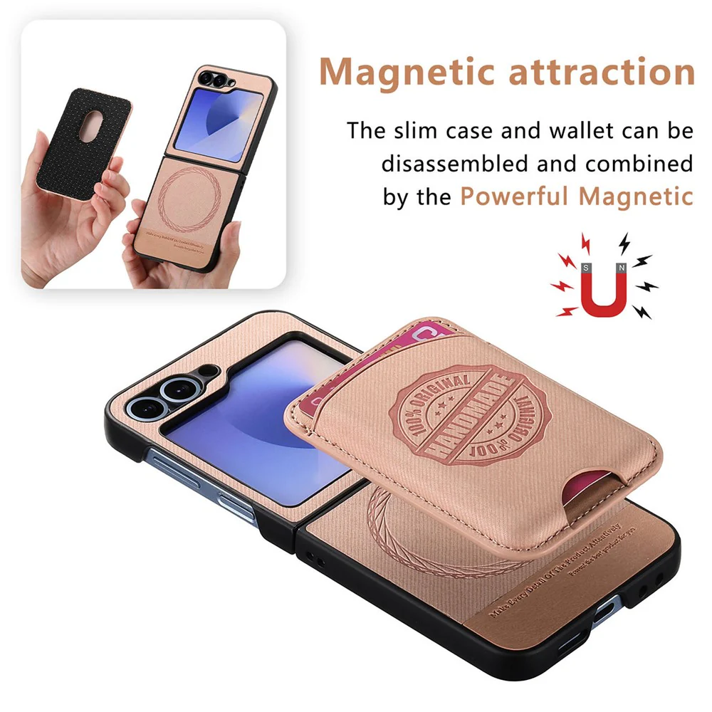 For Samsung Galaxy Z Flip7 FE 5G / Z Flip6 5G Case with Card Bag Compatible with MagSafe Denim Texture Leather Back Cover - Pink - Image 6