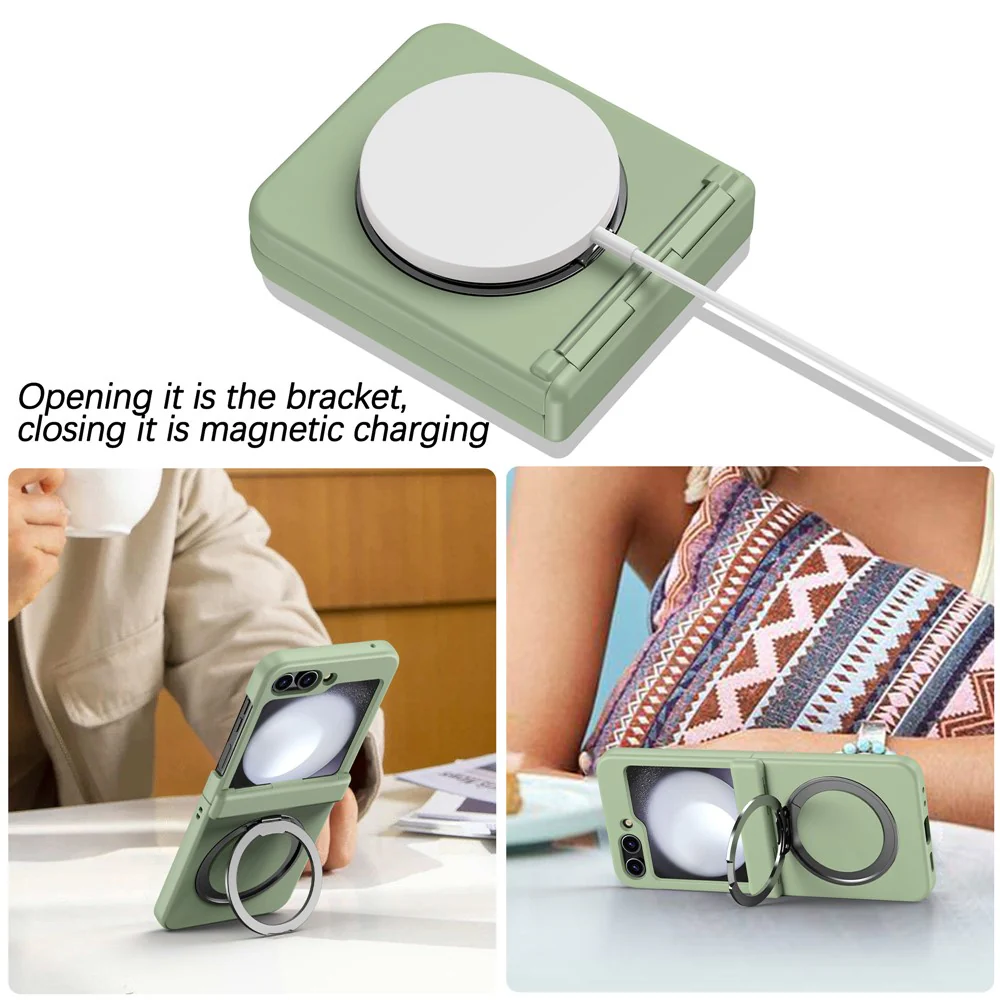For Samsung Galaxy Z Flip7 FE 5G / Z Flip6 5G Case with Magnetic Kickstand Spring Hinge PC Folding Phone Cover - Light Green - Image 6