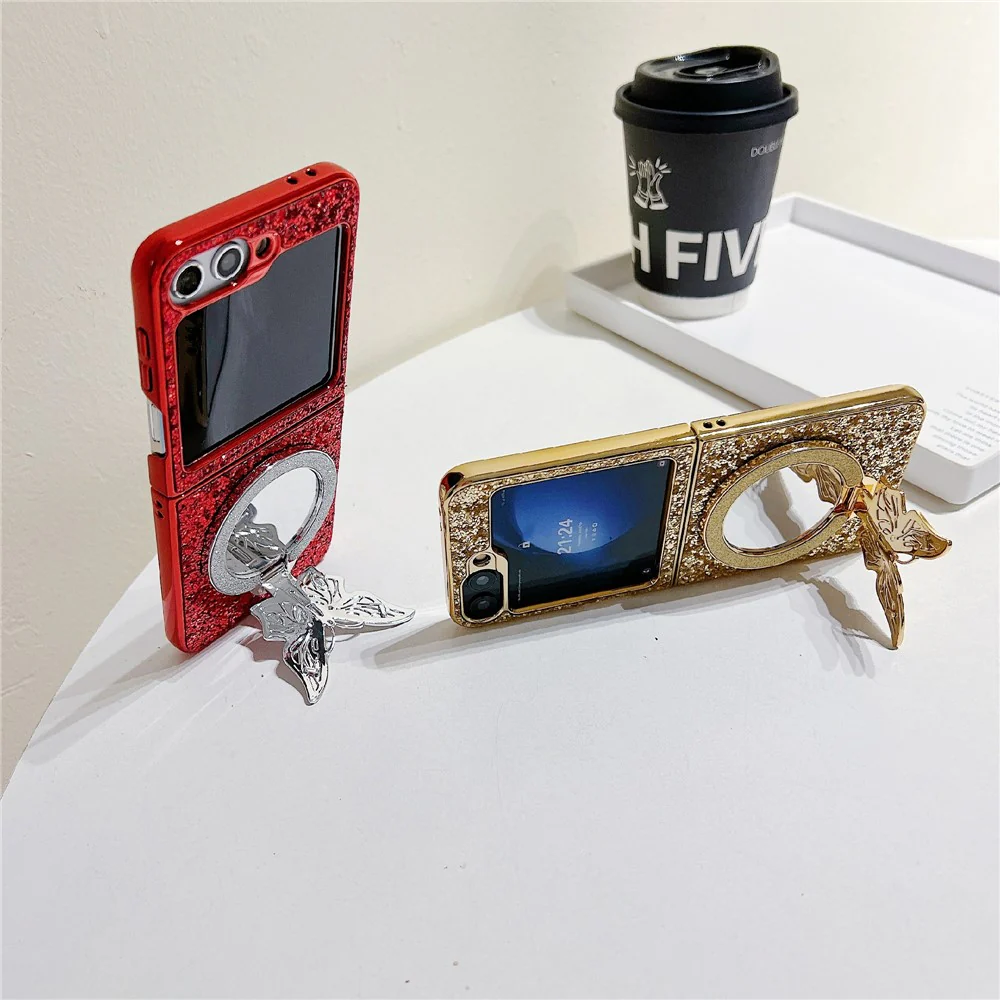 For Samsung Galaxy Z Flip7 FE 5G / Z Flip6 5G Case with Mirror Butterfly Kickstand Glitter TPU + PC Phone Cover - Gold - Image 2