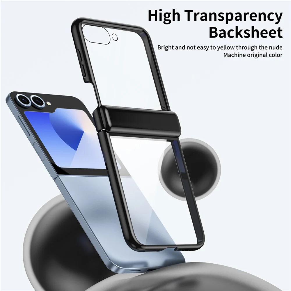 For Samsung Galaxy Z Flip7 FE 5G / Z Flip6 5G Case with Rear Screen Film Hinge Protection Electroplating Clear PC Phone Cover - Black - Image 2