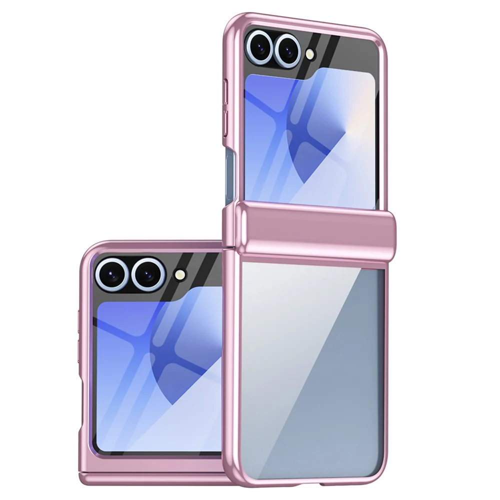 For Samsung Galaxy Z Flip7 FE 5G / Z Flip6 5G Case with Rear Screen Film Hinge Protection Electroplating Clear PC Phone Cover - Pink