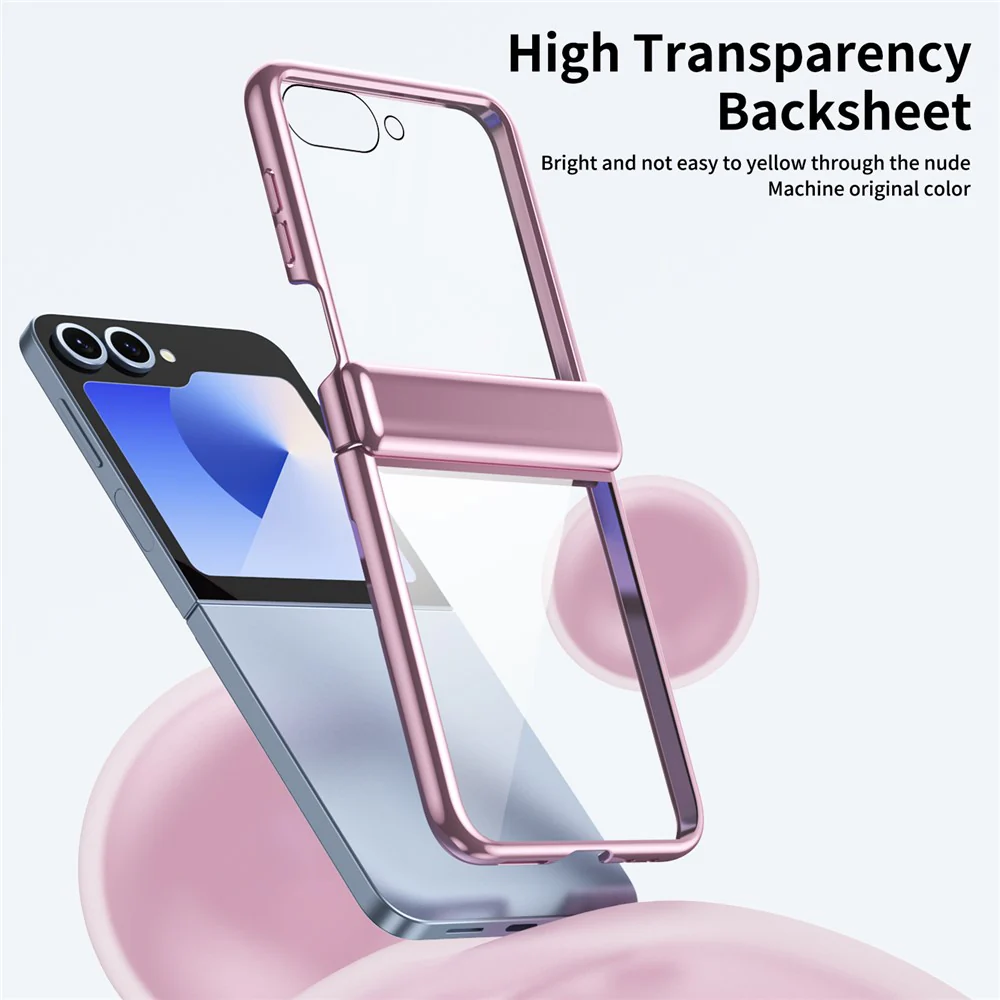 For Samsung Galaxy Z Flip7 FE 5G / Z Flip6 5G Case with Rear Screen Film Hinge Protection Electroplating Clear PC Phone Cover - Pink - Image 2