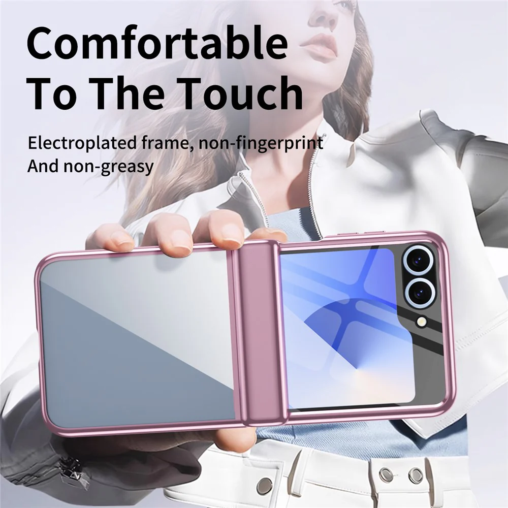 For Samsung Galaxy Z Flip7 FE 5G / Z Flip6 5G Case with Rear Screen Film Hinge Protection Electroplating Clear PC Phone Cover - Pink - Image 3