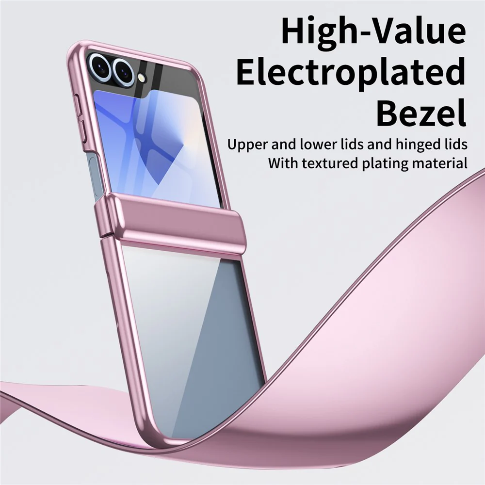 For Samsung Galaxy Z Flip7 FE 5G / Z Flip6 5G Case with Rear Screen Film Hinge Protection Electroplating Clear PC Phone Cover - Pink - Image 4