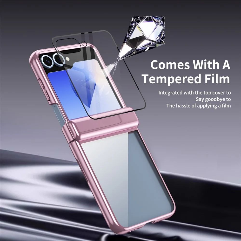 For Samsung Galaxy Z Flip7 FE 5G / Z Flip6 5G Case with Rear Screen Film Hinge Protection Electroplating Clear PC Phone Cover - Pink - Image 5