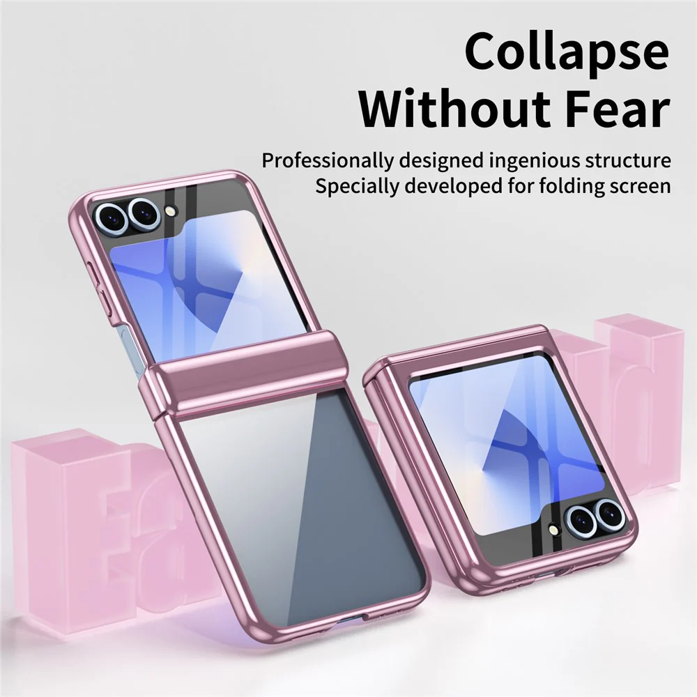 For Samsung Galaxy Z Flip7 FE 5G / Z Flip6 5G Case with Rear Screen Film Hinge Protection Electroplating Clear PC Phone Cover - Pink - Image 7
