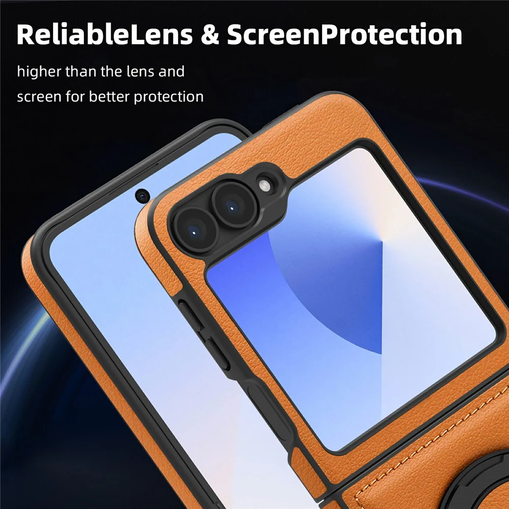 For Samsung Galaxy Z Flip7 FE 5G / Z Flip6 5G Case with Ring Kickstand Compatible with MagSafe PU Leather Back Cover - Orange - Image 6