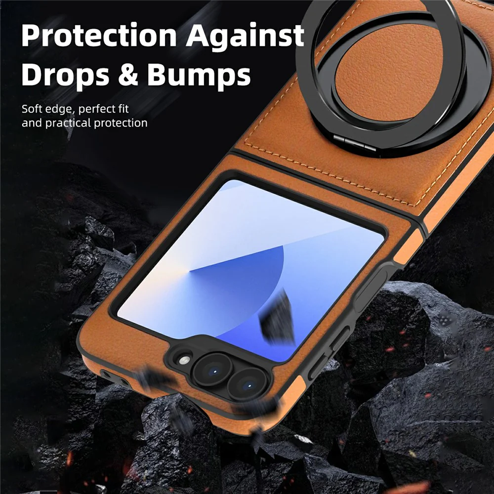 For Samsung Galaxy Z Flip7 FE 5G / Z Flip6 5G Case with Ring Kickstand Compatible with MagSafe PU Leather Back Cover - Sapphire - Image 4