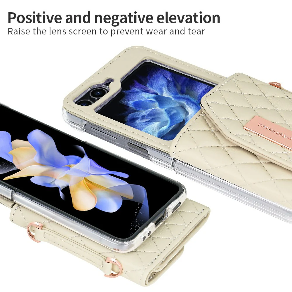 For Samsung Galaxy Z Flip7 FE 5G / Z Flip6 5G Case with Shoulder Strap PU+PC Wallet Phone Cover Built-In Back Screen Film - Beige - Image 4