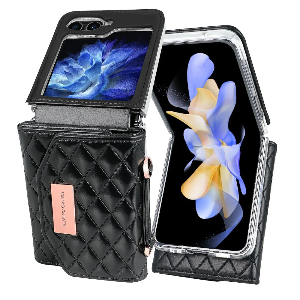 For Samsung Galaxy Z Flip7 FE 5G / Z Flip6 5G Case with Shoulder Strap PU+PC Wallet Phone Cover Built-In Back Screen Film - Black - Image 2