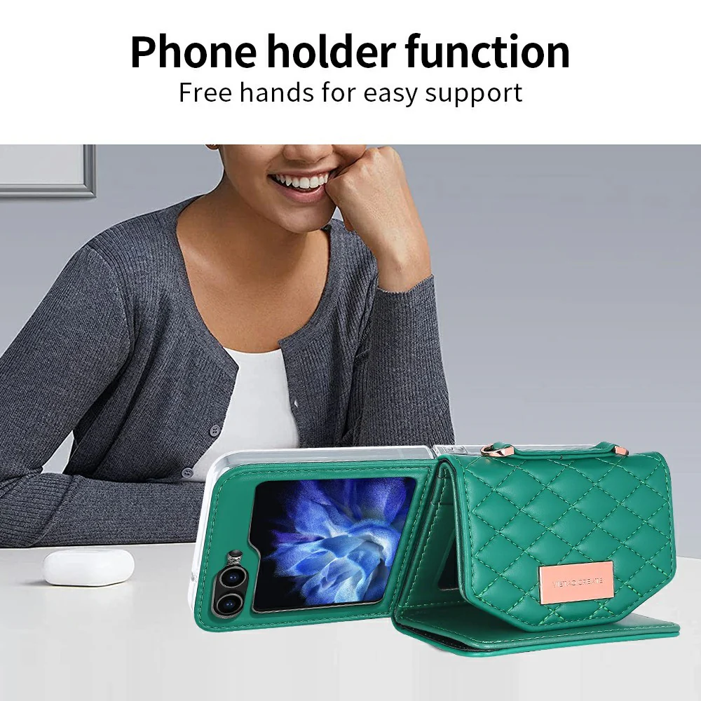 For Samsung Galaxy Z Flip7 FE 5G / Z Flip6 5G Case with Shoulder Strap PU+PC Wallet Phone Cover Built-In Back Screen Film - Green - Image 6