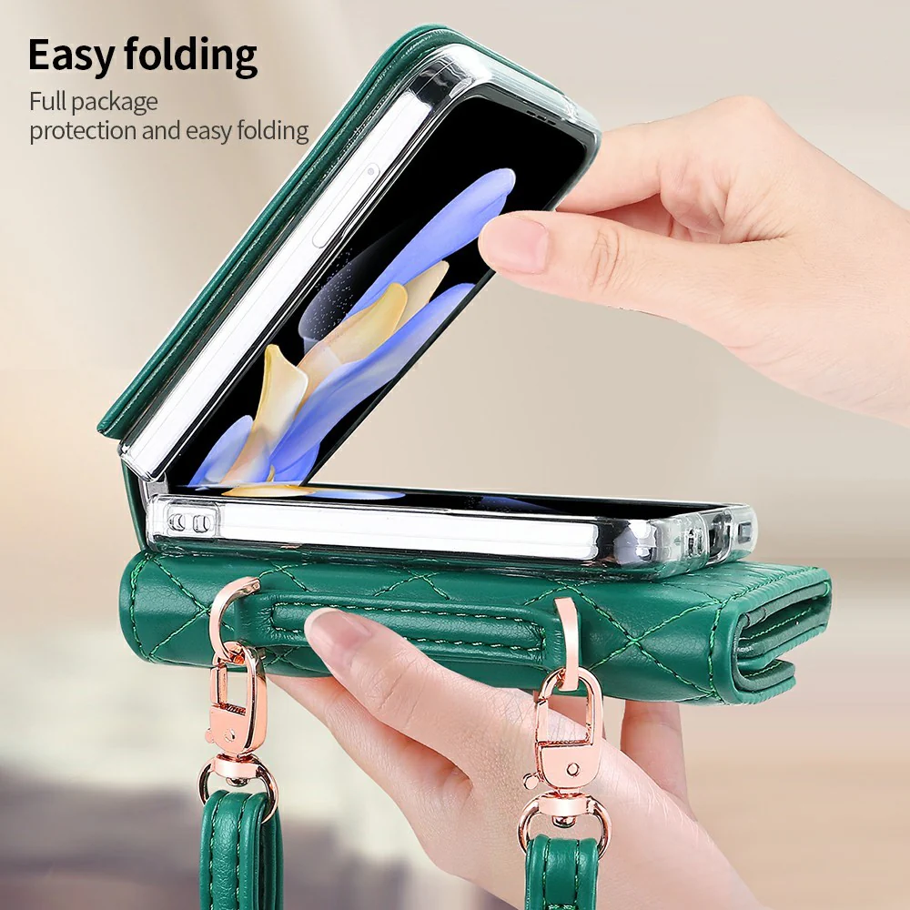 For Samsung Galaxy Z Flip7 FE 5G / Z Flip6 5G Case with Shoulder Strap PU+PC Wallet Phone Cover Built-In Back Screen Film - Green - Image 8